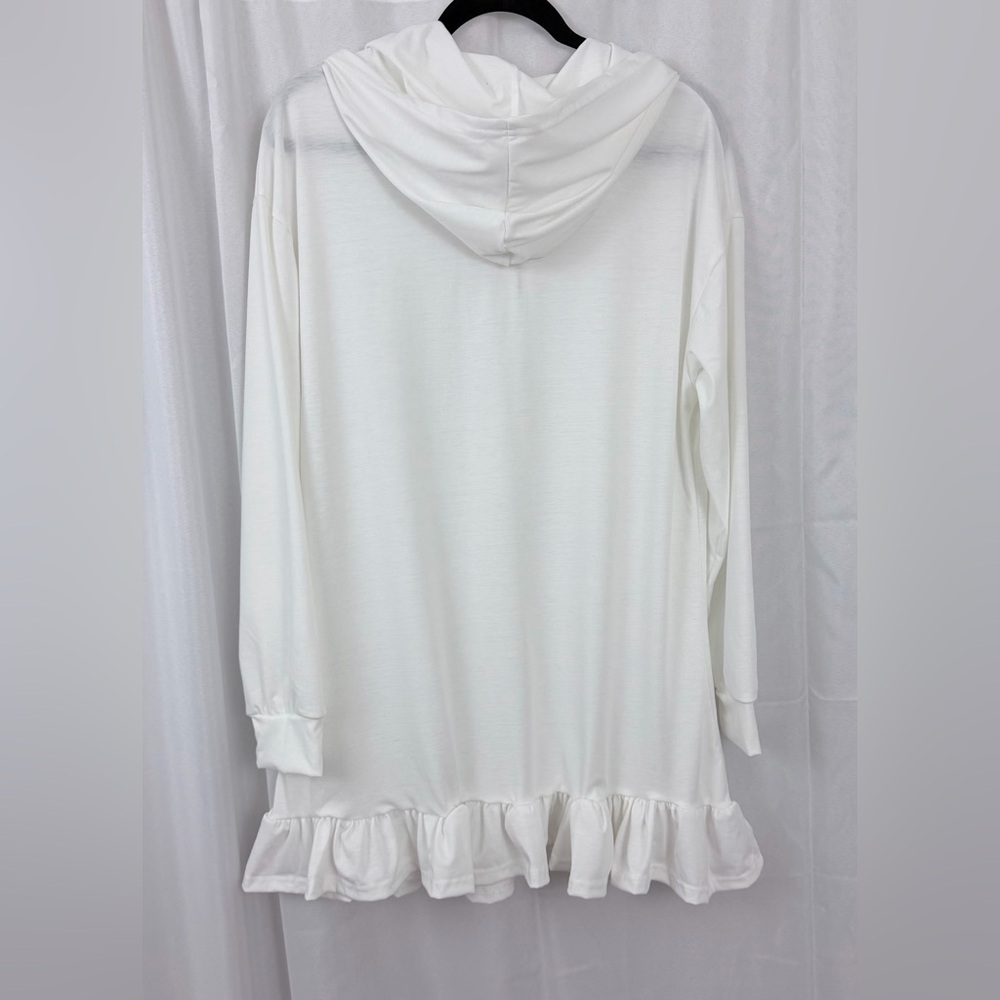 White Long Sleeve Hooded Mini Dress/Cover Up w/ Front Zipper & Ruffle Trim Small - Picture 7 of 7